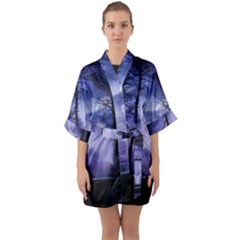 Moonlit A Forest At Night With A Full Moon Half Sleeve Satin Kimono 