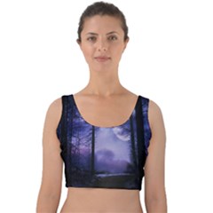 Moonlit A Forest At Night With A Full Moon Velvet Crop Top