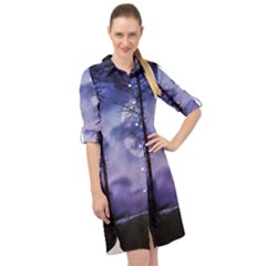 Moonlit A Forest At Night With A Full Moon Long Sleeve Mini Shirt Dress