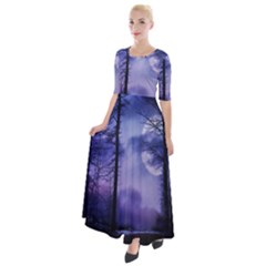 Moonlit A Forest At Night With A Full Moon Half Sleeves Maxi Dress