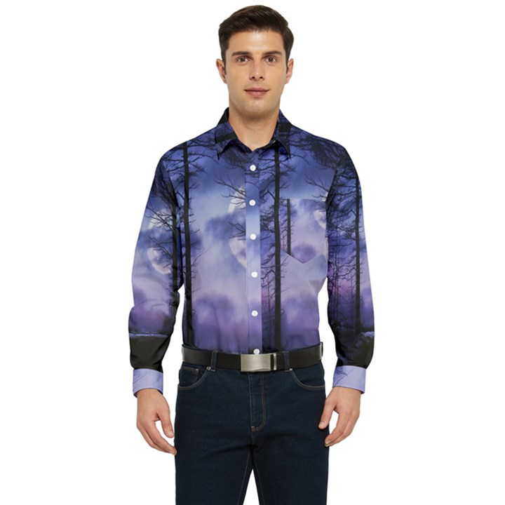 Moonlit A Forest At Night With A Full Moon Men s Long Sleeve Pocket Shirt 