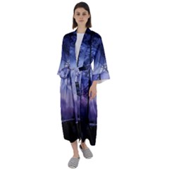 Moonlit A Forest At Night With A Full Moon Maxi Satin Kimono by Proyonanggan