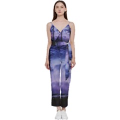 Moonlit A Forest At Night With A Full Moon V-neck Camisole Jumpsuit by Proyonanggan