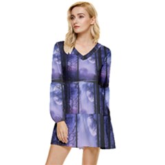 Moonlit A Forest At Night With A Full Moon Tiered Long Sleeve Mini Dress by Proyonanggan