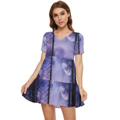 Moonlit A Forest At Night With A Full Moon Tiered Short Sleeve Babydoll Dress by Proyonanggan