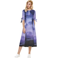 Moonlit A Forest At Night With A Full Moon Bow Sleeve Chiffon Midi Dress by Proyonanggan