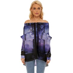 Moonlit A Forest At Night With A Full Moon Off Shoulder Chiffon Pocket Shirt