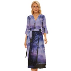 Moonlit A Forest At Night With A Full Moon Midsummer Wrap Dress