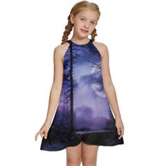 Moonlit A Forest At Night With A Full Moon Kids  Halter Collar Waist Tie Chiffon Dress