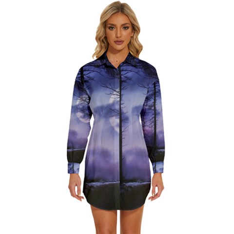 Moonlit A Forest At Night With A Full Moon Womens Long Sleeve Shirt Dress by Proyonanggan