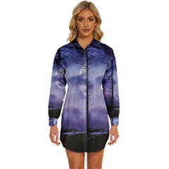 Moonlit A Forest At Night With A Full Moon Womens Long Sleeve Shirt Dress