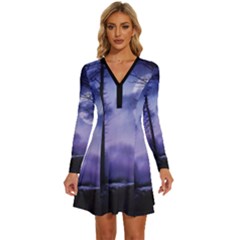 Moonlit A Forest At Night With A Full Moon Long Sleeve Deep V Mini Dress 