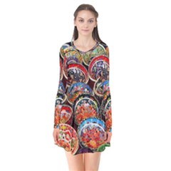 Art Background Bowl Ceramic Color Long Sleeve V-neck Flare Dress