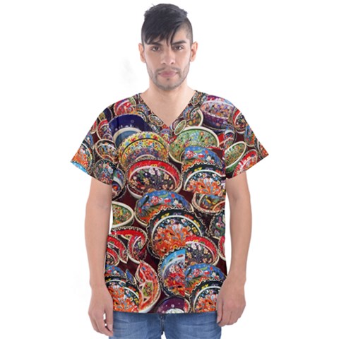 Art Background Bowl Ceramic Color Men s V-neck Scrub Top by Proyonanggan