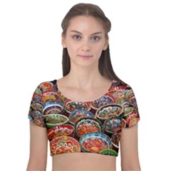 Art Background Bowl Ceramic Color Velvet Short Sleeve Crop Top  by Proyonanggan