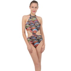 Art Background Bowl Ceramic Color Halter Side Cut Swimsuit