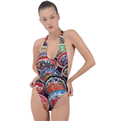 Art Background Bowl Ceramic Color Backless Halter One Piece Swimsuit