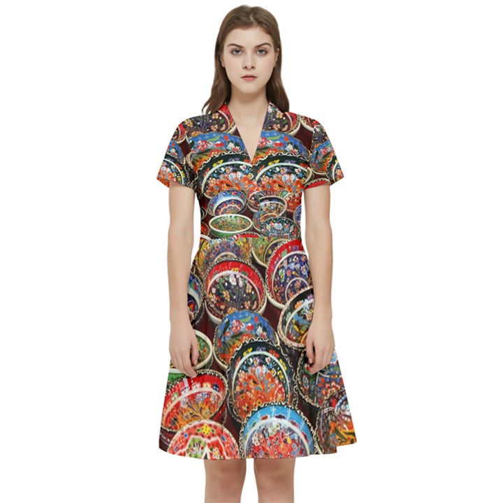 Art Background Bowl Ceramic Color Short Sleeve Waist Detail Dress