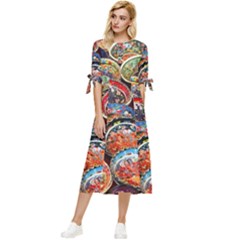 Art Background Bowl Ceramic Color Bow Sleeve Chiffon Midi Dress