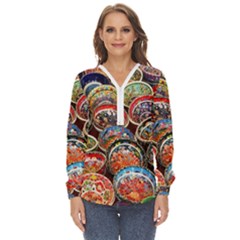 Art Background Bowl Ceramic Color Zip Up Long Sleeve Blouse