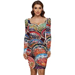 Art Background Bowl Ceramic Color Women Long Sleeve Ruched Stretch Jersey Dress