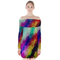 Colorful Abstract Paint Splats Background Long Sleeve Off Shoulder Dress by Proyonanggan