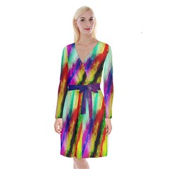 Colorful Abstract Paint Splats Background Long Sleeve Velvet Front Wrap Dress by Proyonanggan