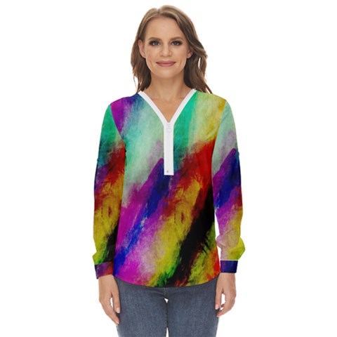 Colorful Abstract Paint Splats Background Zip Up Long Sleeve Blouse by Proyonanggan