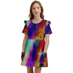 Colorful Abstract Paint Splats Background Kids  Frilly Sleeves Pocket Dress by Proyonanggan