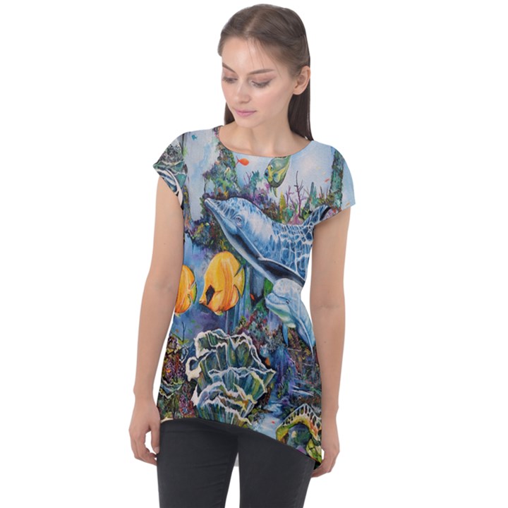 Colorful Aquatic Life Wall Mural Cap Sleeve High Low Top