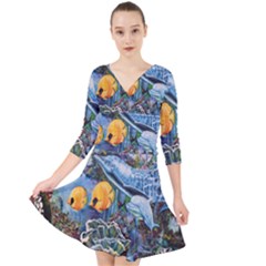 Colorful Aquatic Life Wall Mural Quarter Sleeve Front Wrap Dress by Proyonanggan