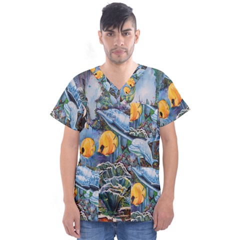 Colorful Aquatic Life Wall Mural Men s V-neck Scrub Top by Proyonanggan