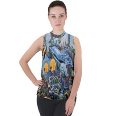 Colorful Aquatic Life Wall Mural Mock Neck Chiffon Sleeveless Top by Proyonanggan