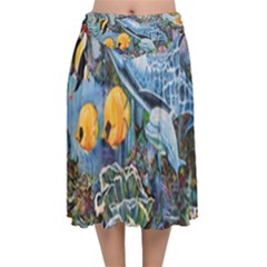 Colorful Aquatic Life Wall Mural Velvet Flared Midi Skirt