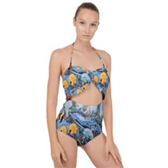 Colorful Aquatic Life Wall Mural Scallop Top Cut Out Swimsuit by Proyonanggan