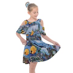 Colorful Aquatic Life Wall Mural Kids  Shoulder Cutout Chiffon Dress by Proyonanggan