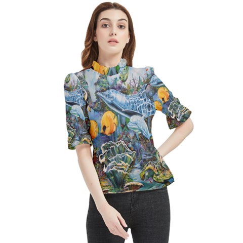 Colorful Aquatic Life Wall Mural Frill Neck Blouse by Proyonanggan