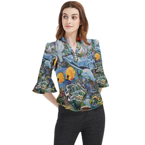 Colorful Aquatic Life Wall Mural Loose Horn Sleeve Chiffon Blouse by Proyonanggan