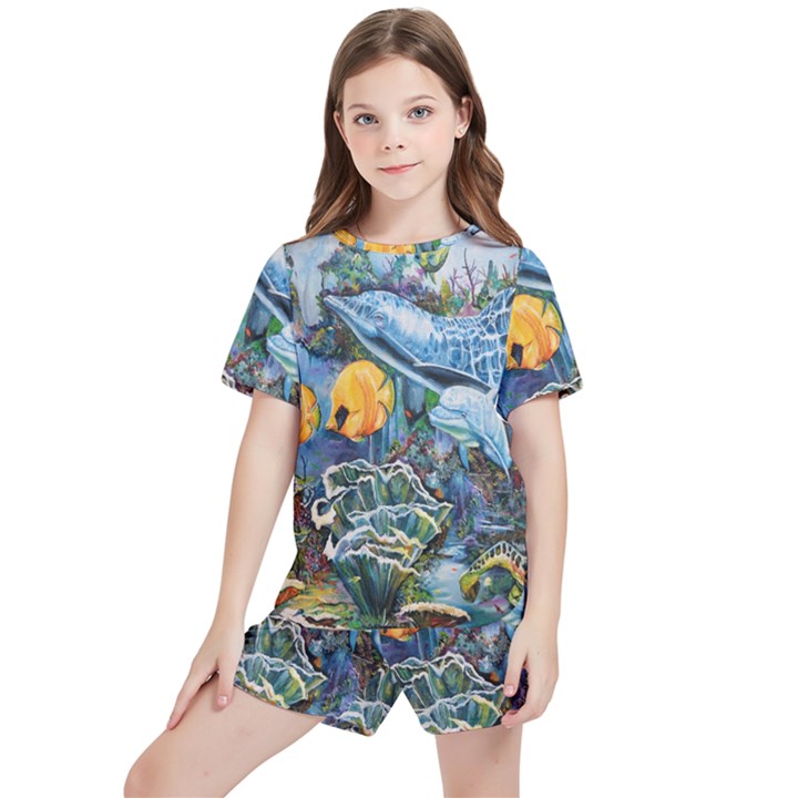 Colorful Aquatic Life Wall Mural Kids  Tee And Sports Shorts Set