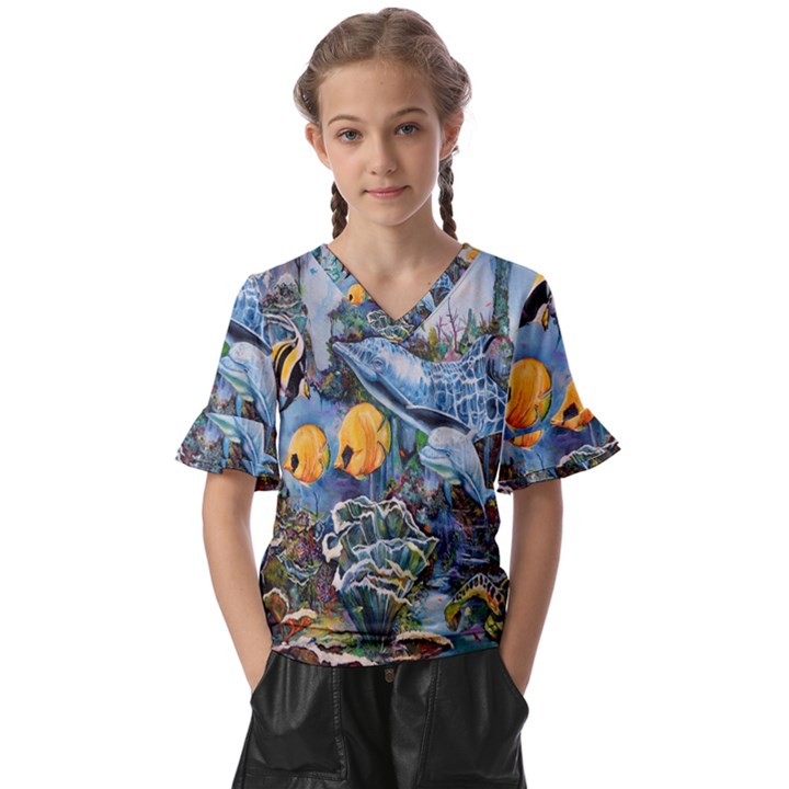 Colorful Aquatic Life Wall Mural Kids  V-Neck Horn Sleeve Blouse