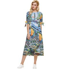 Colorful Aquatic Life Wall Mural Bow Sleeve Chiffon Midi Dress by Proyonanggan