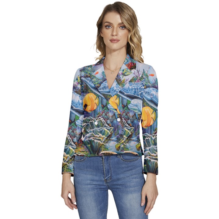 Colorful Aquatic Life Wall Mural Women s Long Sleeve Revers Collar Cropped Jacket