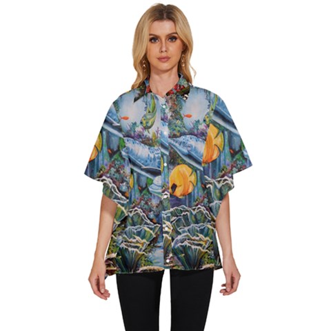 Colorful Aquatic Life Wall Mural Women s Batwing Button Up Shirt by Proyonanggan