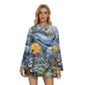 Colorful Aquatic Life Wall Mural Round Neck Long Sleeve Bohemian Style Chiffon Mini Dress View1