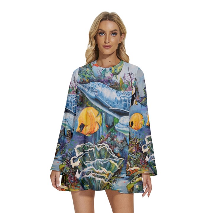 Colorful Aquatic Life Wall Mural Round Neck Long Sleeve Bohemian Style Chiffon Mini Dress