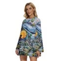 Colorful Aquatic Life Wall Mural Round Neck Long Sleeve Bohemian Style Chiffon Mini Dress View2