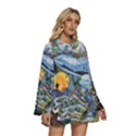 Colorful Aquatic Life Wall Mural Round Neck Long Sleeve Bohemian Style Chiffon Mini Dress View3