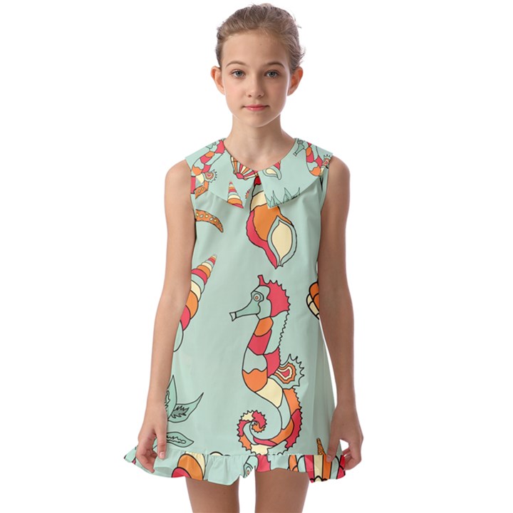 Seahorse Seashell Starfish Shell Kids  Pilgrim Collar Ruffle Hem Dress