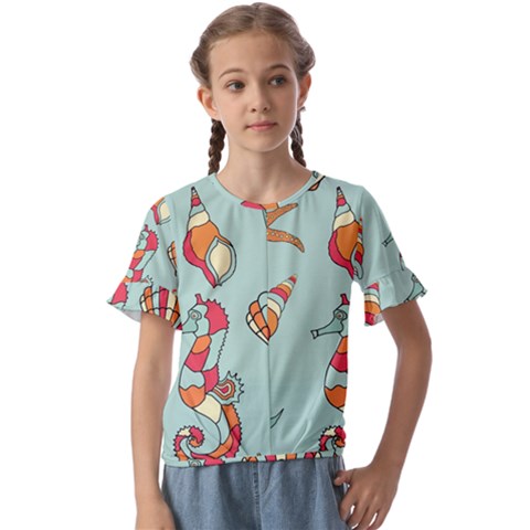 Seahorse Seashell Starfish Shell Kids  Cuff Sleeve Scrunch Bottom Tee by Proyonanggan