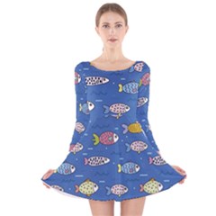 Sea Fish Blue Submarine Animal Long Sleeve Velvet Skater Dress